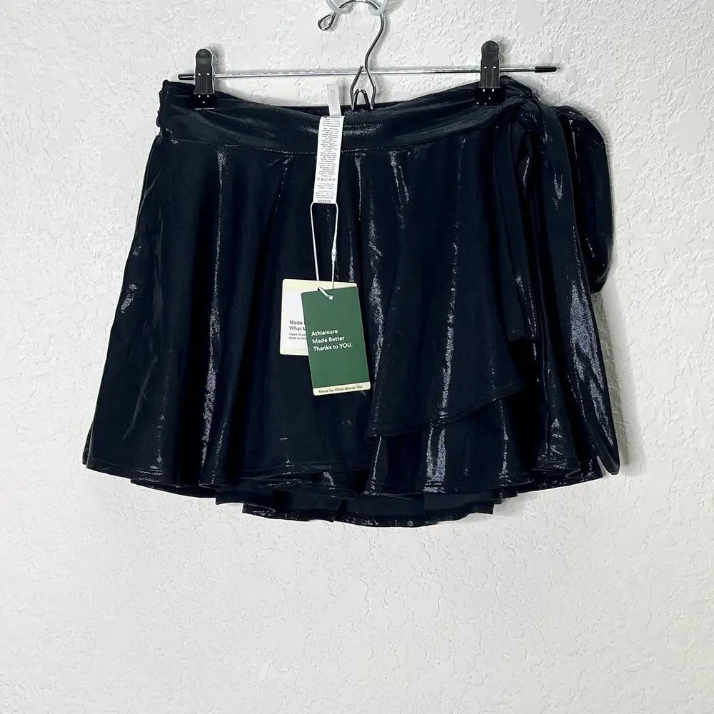 Halara Shiny Black Metallic Wrap Mini Skort Skirt Size S NWT Tie Waist